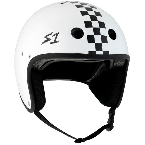 S-One Retro Lifer E-Helmet Helmet in White Gloss/ Black Checkers